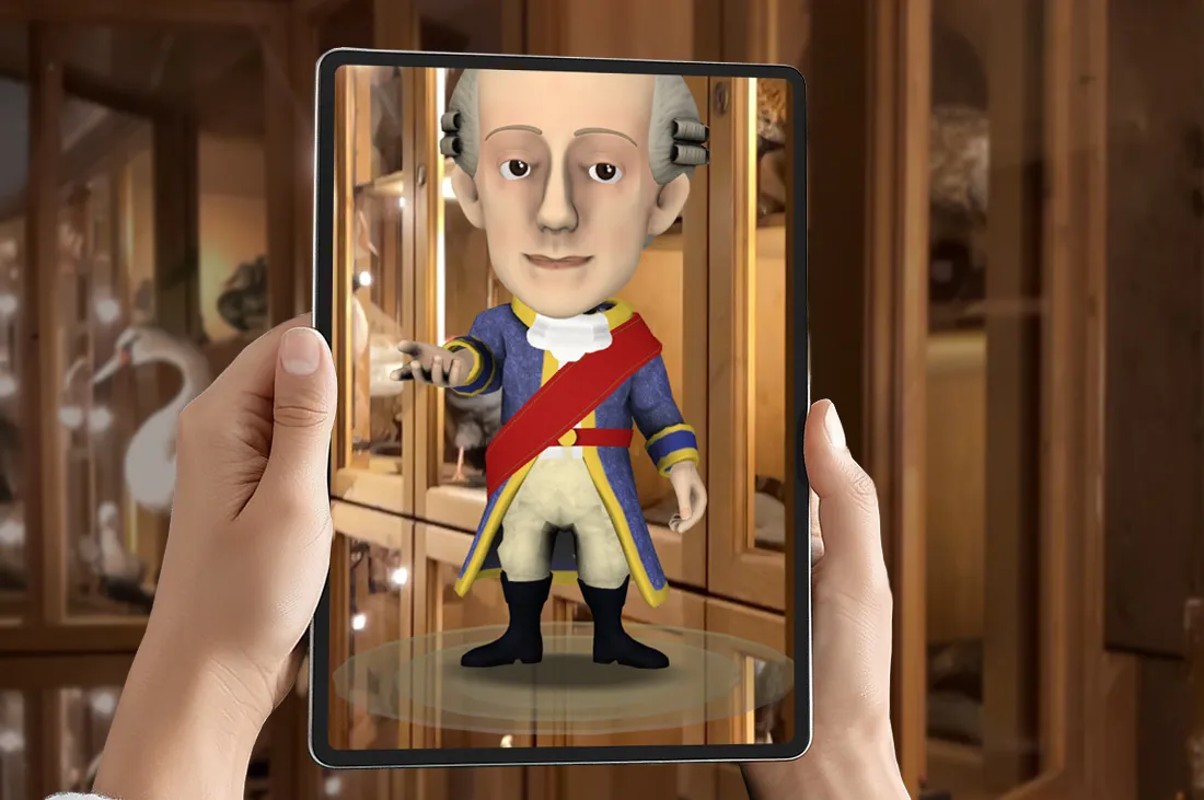 AR-Fenster mit Video, Audio und Bild neben einem Exponat