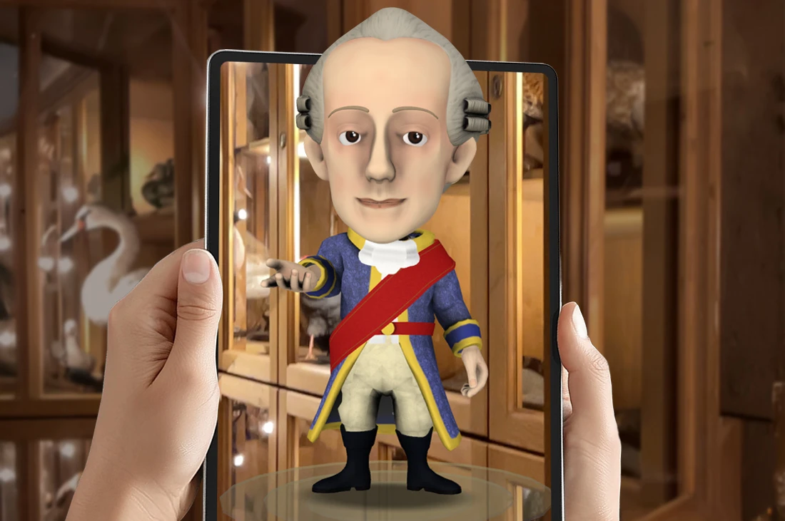 AR-Fenster mit Video, Audio und Bild neben einem Exponat